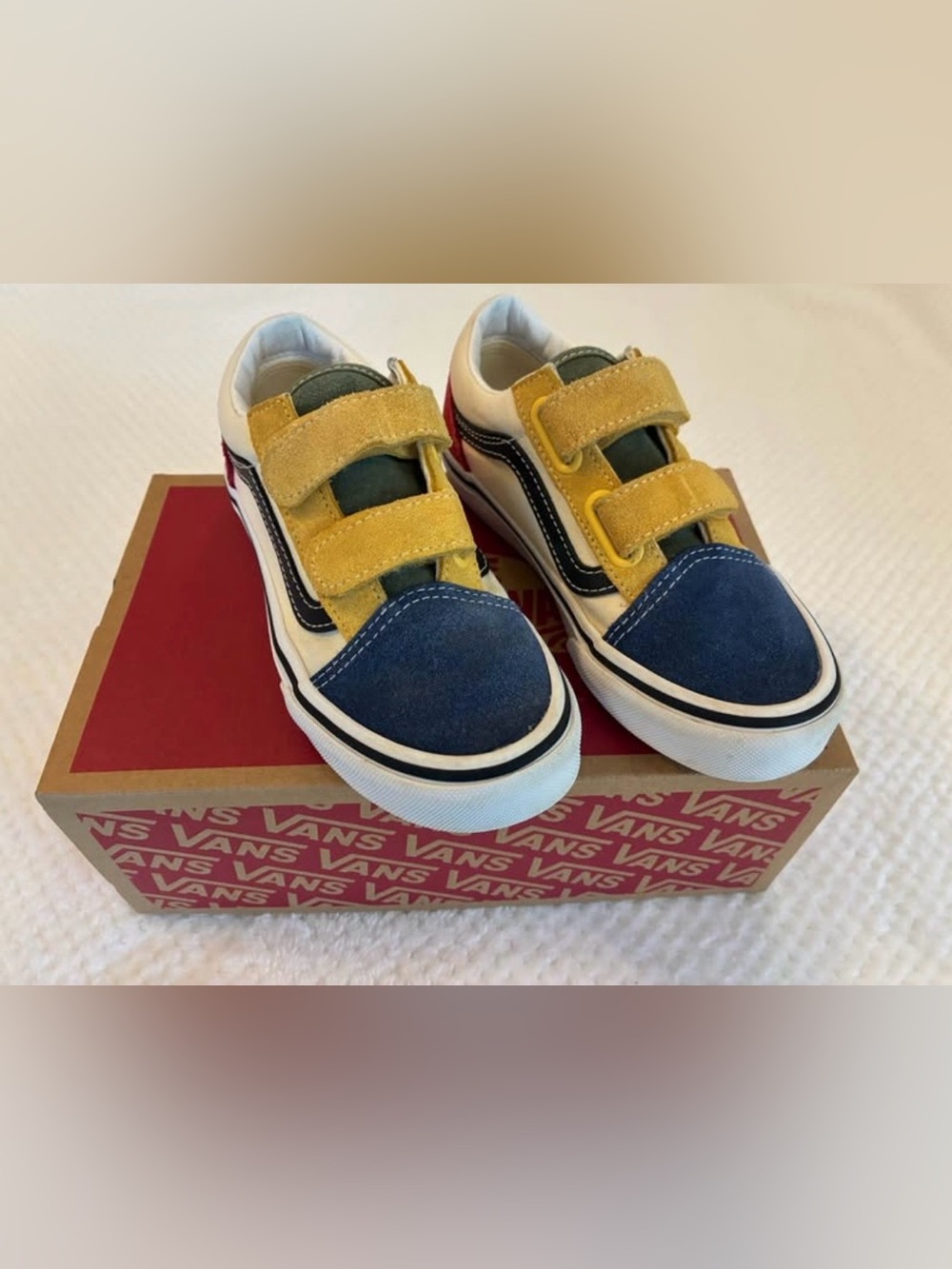 Boys Vans Kids Old Skool Velcro Sneakers - Navy, Mustard, White Size 1